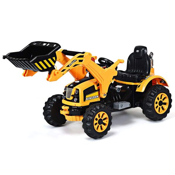 Costzon Ride on Excavator, 12V Battery Powered Construction Vehicles for Kids, Front Loader with Horn, 2 Speeds, Forward/Backward, Safety Belt,Treaded Wheels, Digger, Ride on Car (Yellow)