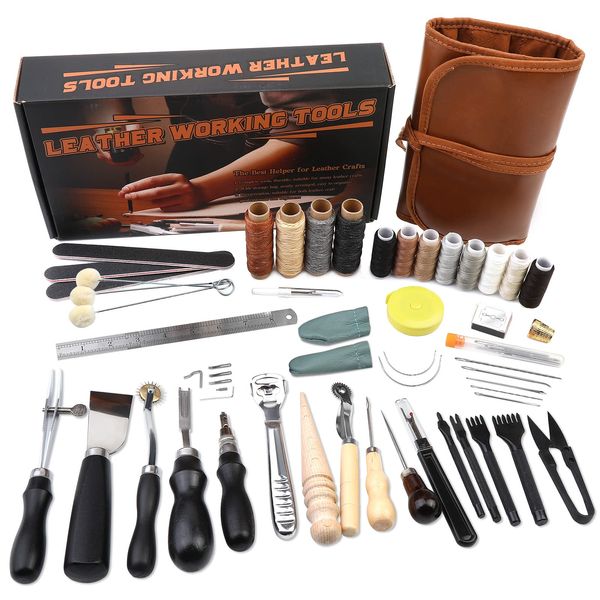 BUTUZE Leather Kit, Leather Tooling Kit, Practical Leather Working Tools with Leather Beveler, Groover, Stitching Punch Sewing Thread and Needles - Comes with Leather Roll Bag and Manual