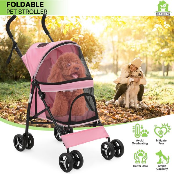 Foldable Pink Dog Stroller Adjustable Canopy Breathable Pet Travel Carrier Cart