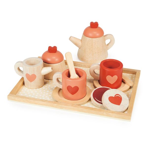 Mentari Toys - Tea Time Tray Set - Wooden Pink Teapot, Cups and Trays for Pretend Afternoon Tea Party - Social, Creative, and Imaginative Development - Learning Role Play - Age 3+