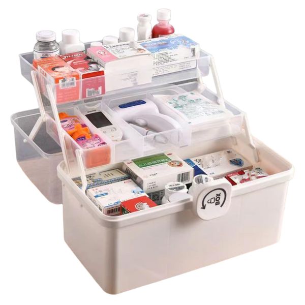 Asdays First Aid Kit, Medicine Box, Large Capacity, 3-Layer Foldable, Storage, Tool Box, Convenient to Carry, Stylish, 3 Layers, Foldable, Handle Included (White)