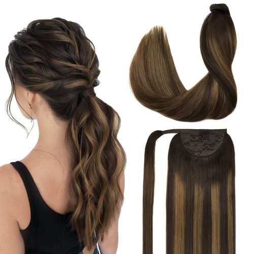 DOORES Ponytail Extension Human Hair Extensions Balayage Dark Brown to Chestnut Brown 16 Inch 80g DOORES Clip in Ponytail Extensions Ponytail Hair Piece For Women Wrap Around Ponytail Straight