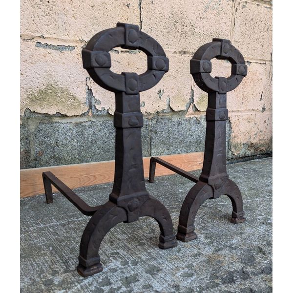 17"H Pair Antique Vintage Iron Mission Arts & Crafts Hammered Fireplace Andirons