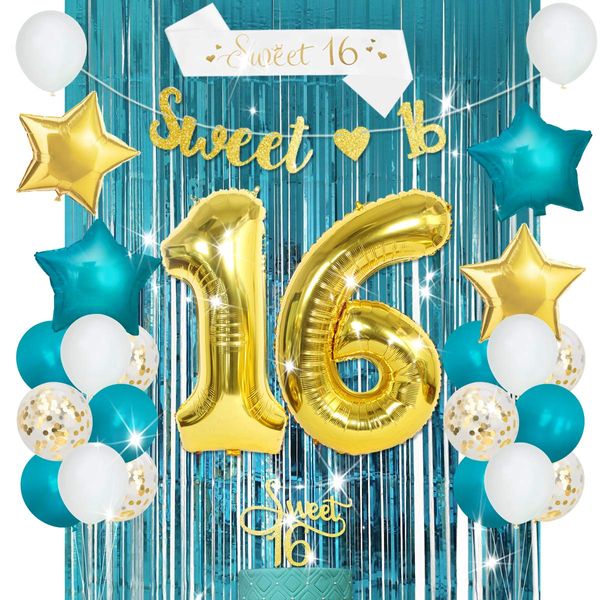 Sweet 16th Birthday Decorations for Girls - Teal 16th Birthday Decor, Turquoise and Gold Balloons Banner Cake Topper Sweet 16 Satin Sash 16 Year Old Birthday Party Supplies