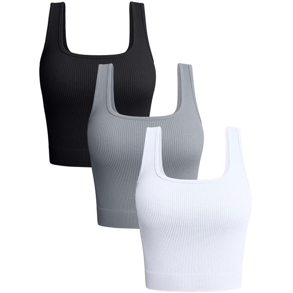 OQQ Women's 3 Piece Tank Tops Ribbed Seamless Workout Exercise Shirts Yoga Crop Tops Black Grey White