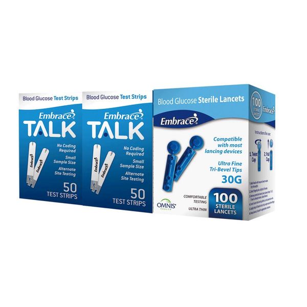 100ct Embrace Talk Blood Glucose Test Strips Includes 100 Lancets