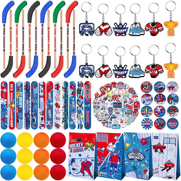 LSJDEER 113 PCS Hockey Party Favors Set ,41 Hockey Stickers, 12 Goodie Bags,12 Button Badges,12 Slap Bracelets, 12 Balls, 12 Pencils, 12 Keychains for Ice Hockey Sports Party Birthday Gift Supplies