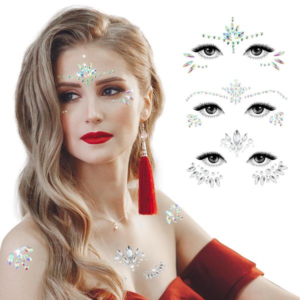 simarro Halloween Face Gems, 3 set di tatuaggi temporanei adesivi per il viso Glitter Gems strass occhi viso corpo tatuaggi per musica festival festa make-up accessori