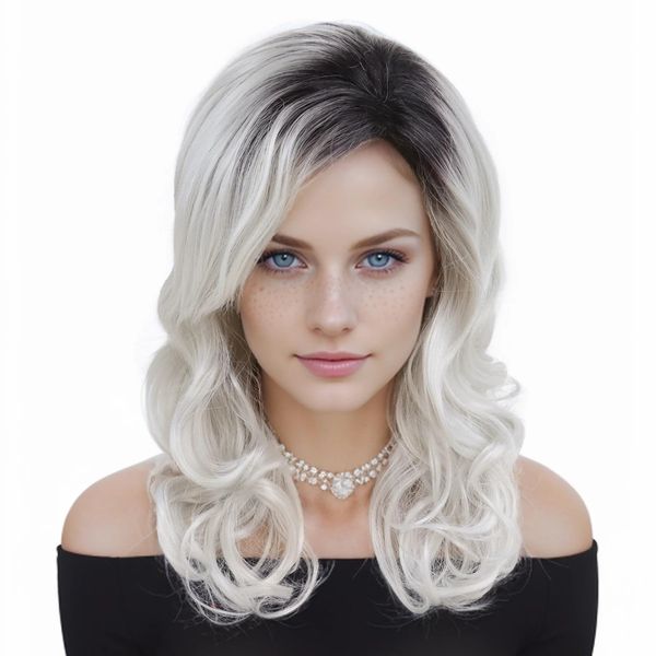 GNIMEGIL 20 Inch Long Silver Platinum Wig Natural Female Wigs Black Roots Ombre Grey Silver Wigs Heat Resistant Premium Synthetic Daily Party Wigs for Women