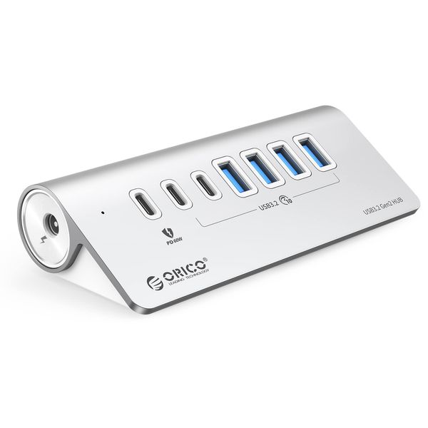 ORICO USB Hub, USB 3.0, 7 Ports, 60 WPD Charging, 10 Gbps High Speed Transfer, 24V/3A, AC Adapter, Supports Both Self-Power/Bus Power, 39.4 inches (100 cm), Cable, Supports USB-C and USB-A Devices,