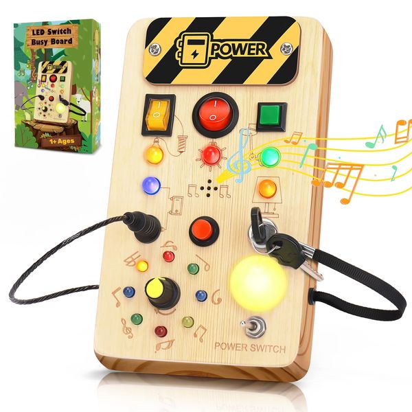 OAKJAR Montessori Busy Board for 1+ Year Old, Musical Wooden Learning Toys with LED Lights, Autism Sensory Toys for Toddlers 1-3, Baby Travel Toys, Christmas & Birthday Gift for Kids Ages 2-4