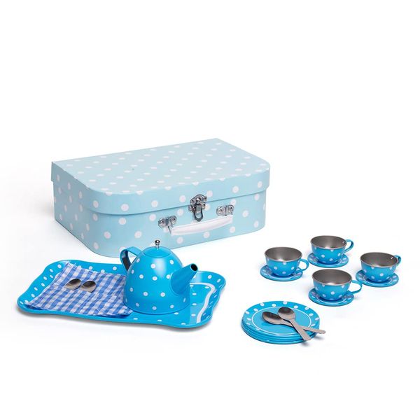 Bigjigs Toys Blue Polka Dot Kids Tea Set with Carry Case - 15 Piece Tin Children's Tea Set for Pretend Play with Matching Tray & Carry Basket, Boys & Girls Tea Set