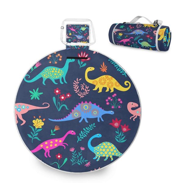 ALAZA Round Waterproof Picnic Blanket, Dinosaurs Cute Kids Pattern Portable Folding Indoors Rug Outdoors Mat for Travel Hiking Camping Park, 148cm