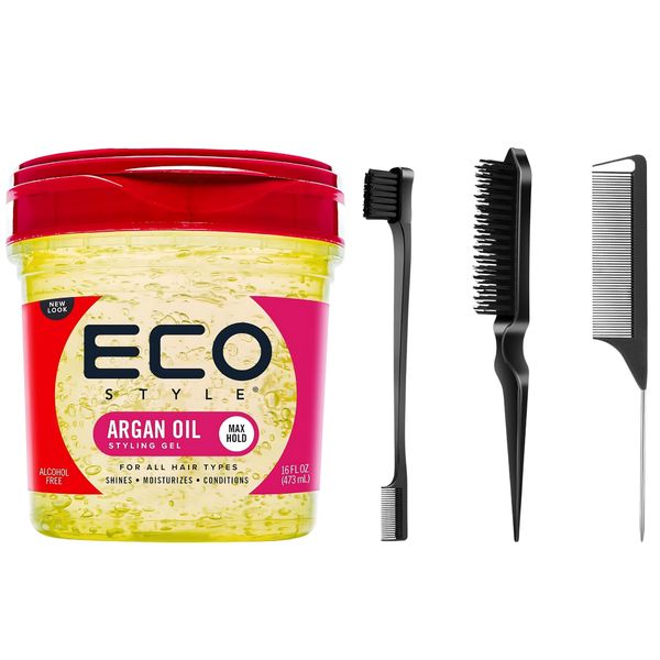Styling Gel & 3 Pcs Slick Back Hair Brush Set - Maximum Hold Eco Styler, Non-Flaking Argan Oil Curl Gel 473ml, Hair Gel for Women, Includes Edge, Bristle Brush & Rat Tail Comb