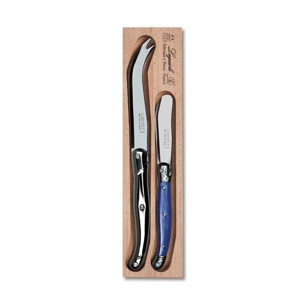 New Laguiole 2pc Cheese & Butter Knife Set in Tray (Stainless Steel & Blue)