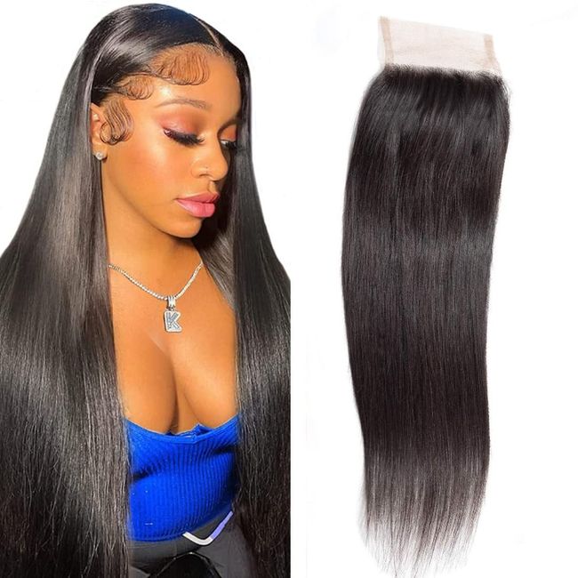 ANGIE QUEEN Hair Free Part Closure Brazilian 4×4 Lace Closure Straight Human Hair Closure 100% Unprocessed Virgin Hair 150% Density Lace Closure Free Part Natural Black Color Bleached Knots 18 Inch