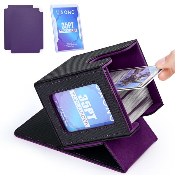 UAONO Card Deck Box with MTG Commander Display, Patented Design Card Deck Case Holds 100+ Double-Sleeved Cards, PU Leather Cards Storage Box For TCG with 2 Dividers, 1 Toploader (Black&Purple)