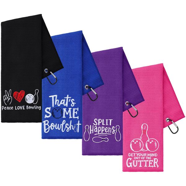 VitalCozy 4 Pcs Funny Bowling Towel Embroidered Bowling Towel with 4 Grommets Sport Accessories for Men Women Gift(Vivid Style)