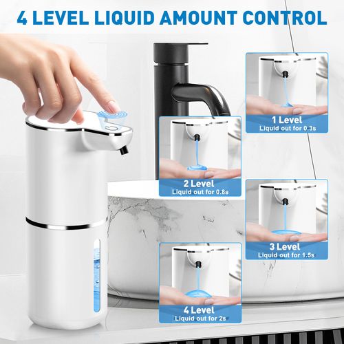 Automatic Touchless Soap Dispenser, 4-Level Adjustable Liquid Volume, 11.8 oz, Wall Mount, Rechargeable, with 2 Wall Mounted Stickers for Bathroom Countertop and Kitchen, White