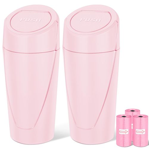 Kincown Car Trash Can, 2 Packs Mini Car Trash Bin with Lid, Leakproof Cup Holder Car Garbage Can with 60 Trash Bags, Vehicle Front Back Seat Organizers and Storage for Car, Home, Office, Pink