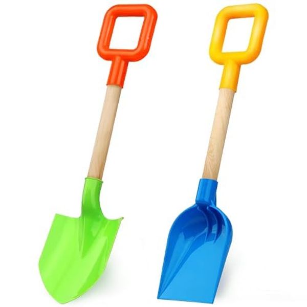 SMILESSKIDDO 16" Kids Beach Spades Sand Shovels - Wooden Handle & Plastic Spade for Digging - 2 Pack Summer Sandbox Toys, Backyard Gardening Tools for Kids, Blue & Green