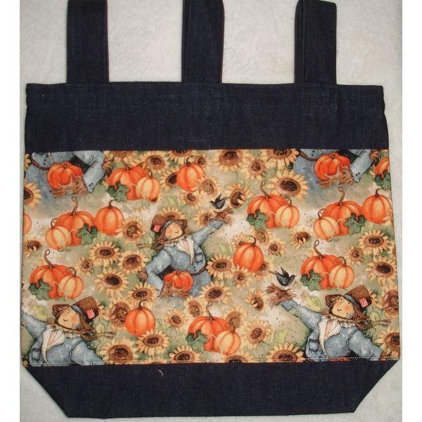 NEW Handmade Denim Walker Tote Bag Fall Harvest Scarecrow Pumpkin Theme