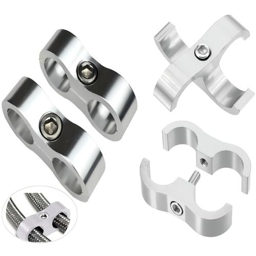 6AN Double-Hole Hose Separator Clamp, Aluminum Hose Fitting Adapter, Fit for 3/8 Fuel, Brake, Water, Gas Line - Silver Pack of 4