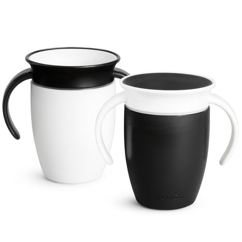 Munchkin Miracle 360 Baby Drinking Cup, Free-flowing Learning Cup for Toddlers, Trainer Cup, BPA-Free, Leak-Proof, Drinking Bottle with Handles, 12 m + 296 ml, Pack of 2, Black/White