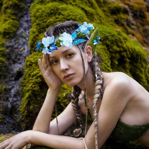 FRESHME Blue Mushroom Elf Ears with Woodland Flower Crown, Fairy Butterfly Headpiece and Soft Pixie Mushroom Ears Set Elf Floral Headband for Women Girls Renaissance Halloween Wedding Bridal Cosplay