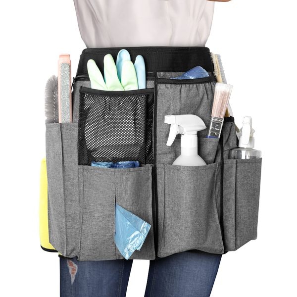 LoDrid Cleaning Apron for Housekeeping with 9 Pockets, Professional Cleaning Bag with Adjustable Waist Belt, Water-resistant Cleaning Supplies Apron for Work, Grey