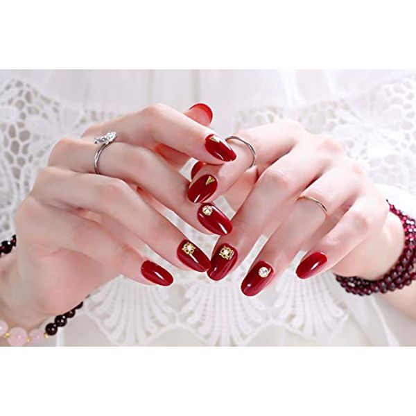 New Quality Medium Length Nail Tips, Party Nails, Japanese Style, Dreamy, Wedding, Party, After-party, Nail Art, Handmade Nail Tips, Double-Sided Adhesive Tape, Pack of 24 (Wine Red, Rivet)