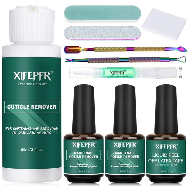 XIFEPFR Gel Nail Polish Remover & Cuticle Remover Kit, Gel Polish Remover with Liquid Latex, Cuticle Remover Cream and Oil, Manicure Tools, Gel Remover for Nails in 2-5 mins, No Soaking Or Wrapping