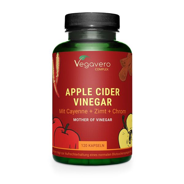 Vegavero Apple Cider Vinegar with Mother 1500mg | Chromium Picolinate for Blood Sugar Levels | with Cayenne Pepper, Ginger and Ceylon Cinnamon Extracts | 120 Capsules | NO Additives | Vegan