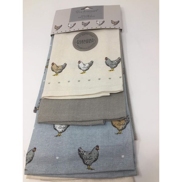 Set of 3 Cooksmart Farmers Kitchen Chickens Tea Towels