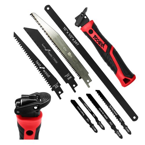 TOOLAN: 8-In-1 Multi Blades Hand Saw, Drywall Cutter. Hacksaw. Long Blade, Jab Saw, For Cutting Drywall, Sheetrock, Wood, Metel, Plastic, Plywood. Blade Quick Change Mechanism. Red Handle.