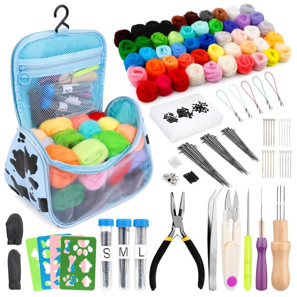 228 Pcs Needle Felt Kit Wool Felt Tools for Beginners 50 Colors Wool Roving Starter Felt Kit with Felt Needles Foam Mat Needle Felt Supplies Storage Bag for DIY Craft Making