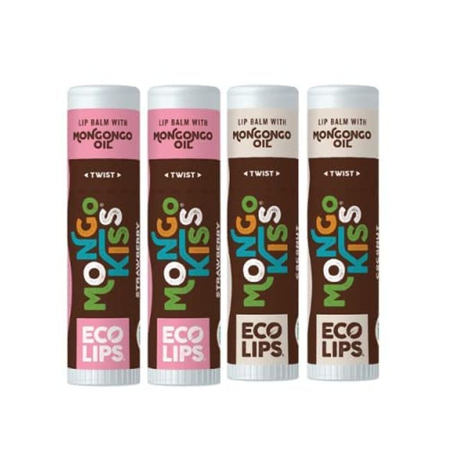 Eco Lips Mongo Kiss 4 Pack Lip Balm - Strawberry Lavender & Coconut Variety - 10