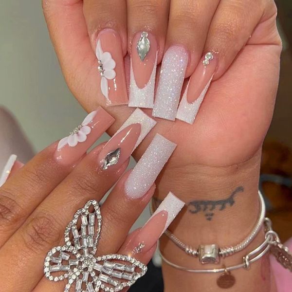 White Flower Press on Nails Long Rhinestones Fake Nails French Press on Nails with Designs Exquisite False Nails with Glue French Tips Full Cover Acrylic Nails Glue on Nails for Women Girls 24Pcs