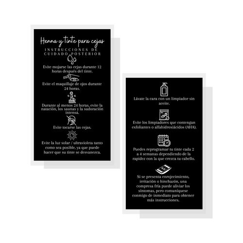SPANISH Brow Tint & Henna Aftercare Card | Henna y Tinte Para Cejas | 50 Pack | Size 2x3.5” inches Business Card | Starter Lift Kit with Tint at home diy supplies | Black with White Design