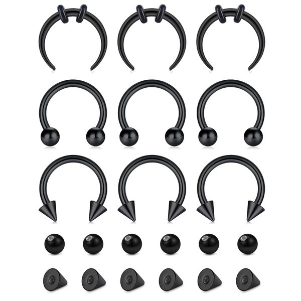 Longita 16G 10MM Horseshoe Piercing Septum Rings for Women Stainless Steel Septum Nose Ring Helix Hoop Cartilage Earrings with Replacement Balls & Spike Black