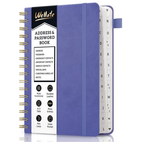 WEMATE Spiral Address Book with Alphabetical Tabs, Leather Password Book, Address Organizer Telephone Notebook Journal Keep Contact Safe Hardcover Large Print for Seniors Home Office 5.8″×8.2″, Purple