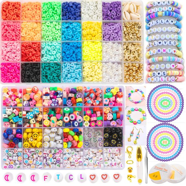 PRETOLE 8500+ Pcs Clay Beads Bracelet Making Kit Round Flat Beads Polymer Clay Beads Set Clay Spacer Heishi Beads for Jewellery Making Bracelets Necklace DIY Jewellery Making Kit for Adults,2 Boxes