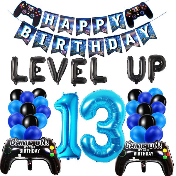 13th Birthday Decorations for Boys, Level Up Video Game Theme Party Decor Favors, Black Blue Latex Balloons Gaming Birthday Banner for Kids Birthday Decorations