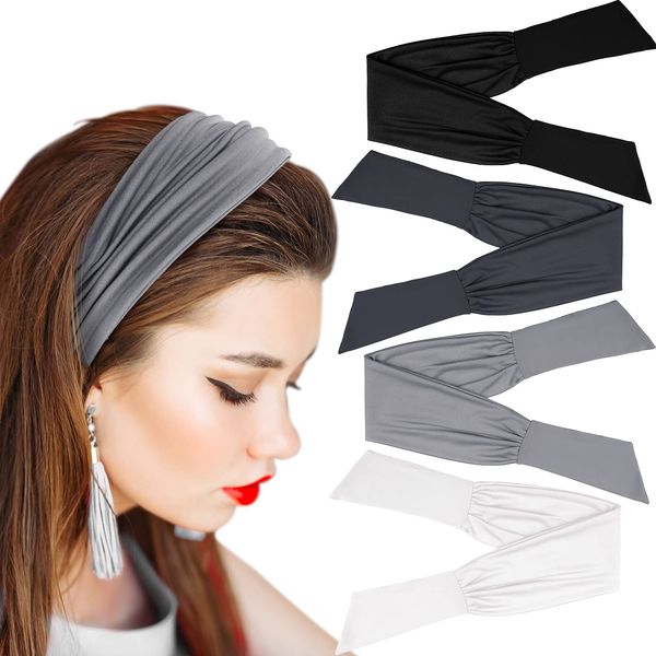 4 Pieces Adjustable Headbands for Women Knotted Headbands Elastic Non-Slip head tie up headband Knotted Hairband Twist Bow Wire Headbands Head Wrap for Women Girls (Black, White, Gray, Dark Gray)