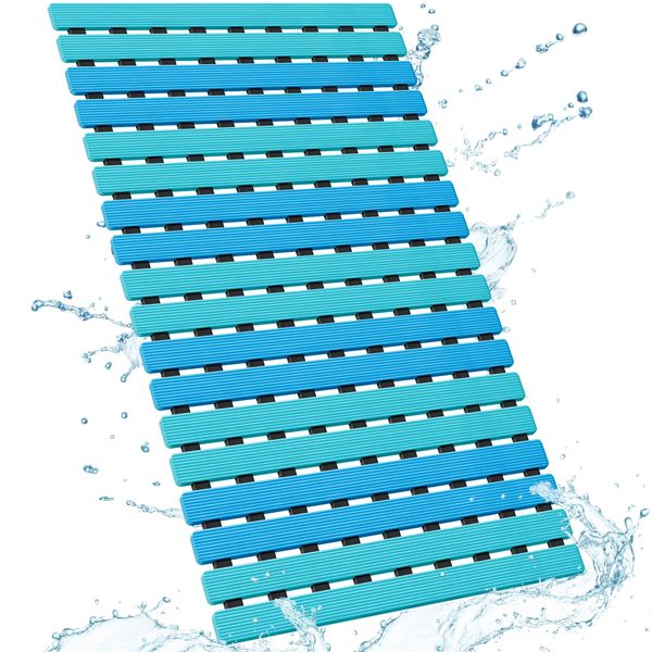 Yolife Non Slip Bath Mat Quick Drain Shower Floor Mat Colorful Bathtub Mat Slatted Duckboard Design with Suction Cups (G-Blue, 24.8 x 15.75 inches)