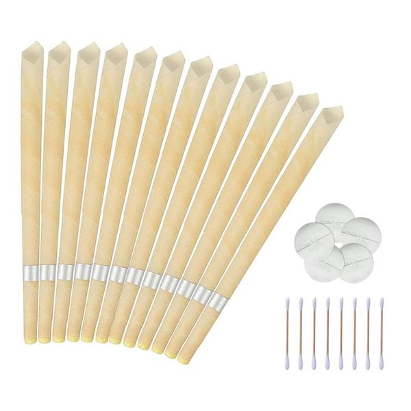 Ear Candles, Ear Wax Remover Candle Kit with Natural Organic Beeswax for Blocked Ears, 12 Pcs Ear Wax Candles Removal Kit with Drip Protectors Disks and Cotton Swab