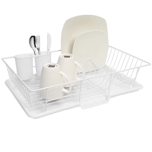 Sweet Home Collection 3 Piece Dish Drainer Rack Set with Drying Board and Utensil Holder, 12" x 19" x 5", White