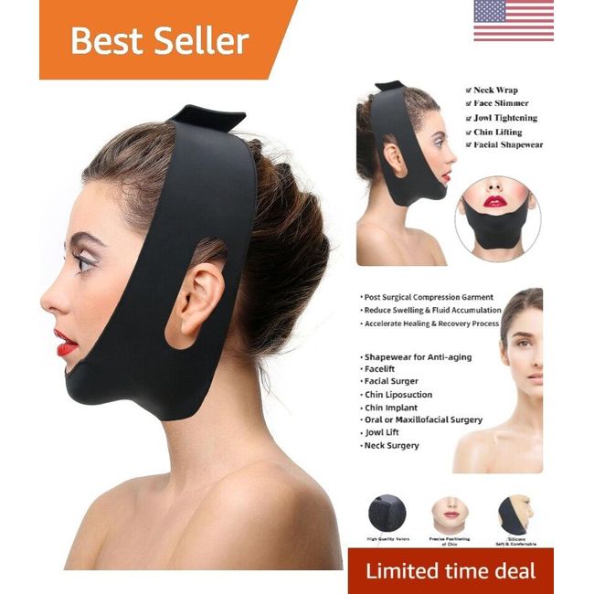 Chin Lipo Compression Garment - Post Surgical Support for Face & Neck - Black