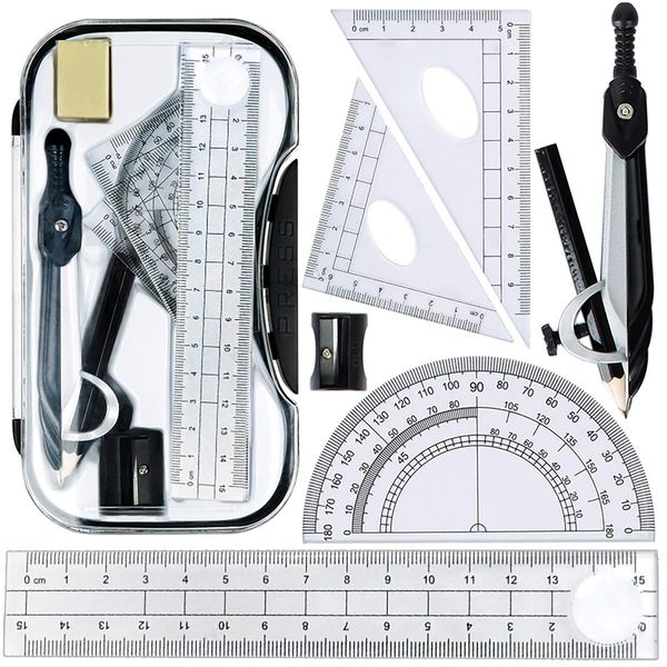 Maths Set, Geometry Compasses Set 8pcs School Protractor Rulers Set Squares for Maths Learning Home Schooling in Carry Case