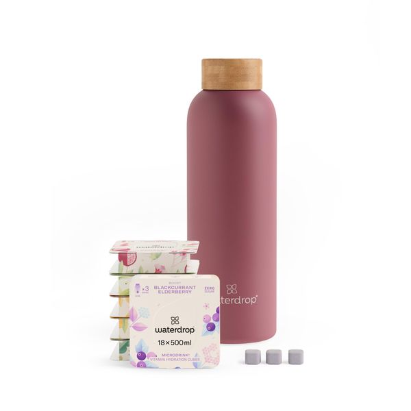 waterdrop® Starter Set Steel with 1x Stainless Steel Water Bottle + 18 Microdrinks Vitamin Hydration Cubes in 6 flavours - Taster Pack with 600ml Double Insulated Water Bottle + Sugar-Free Drinks